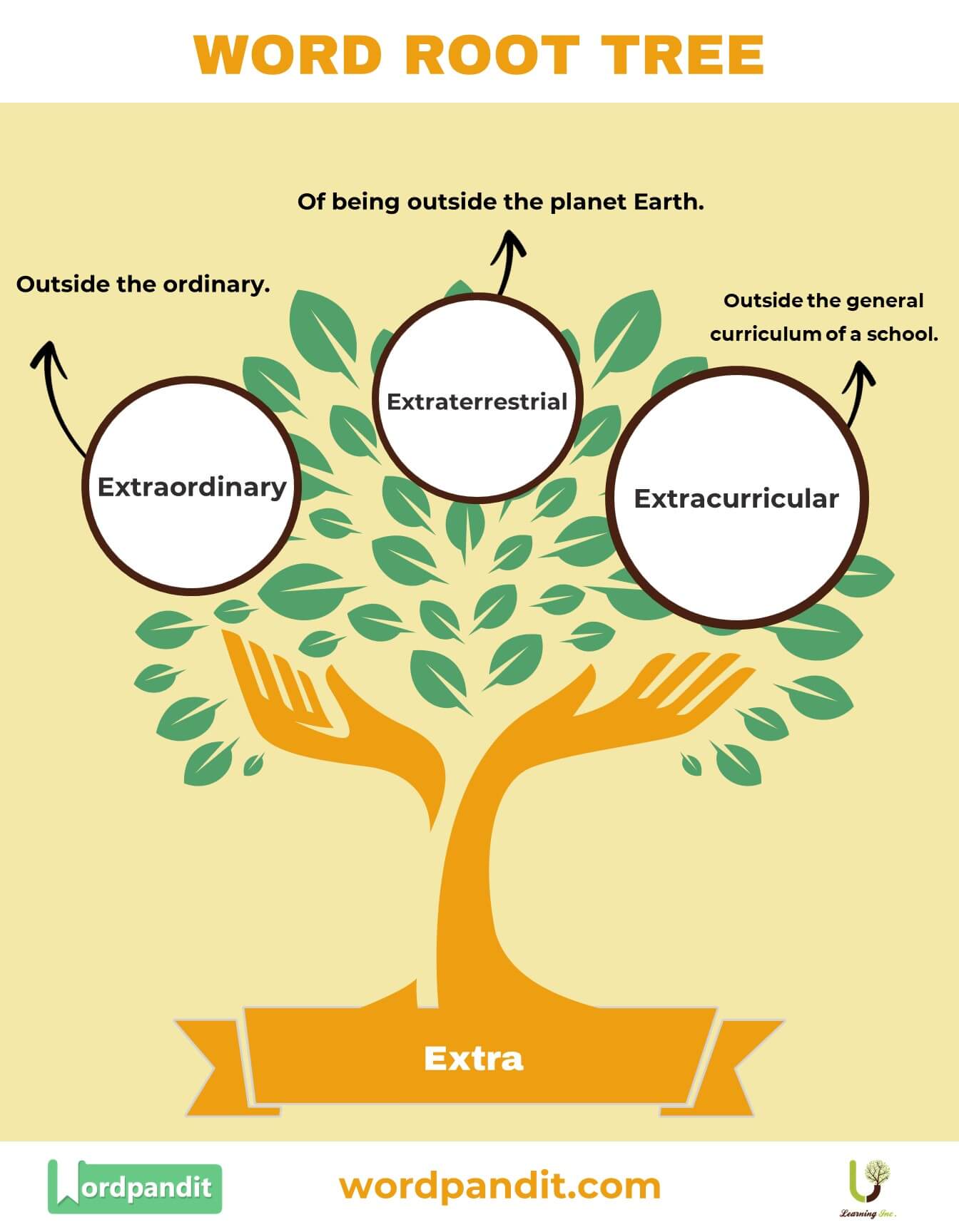 Diagram illustrating the word root "extra" with examples: extraordinary, extraterrestrial, and extracurricular.